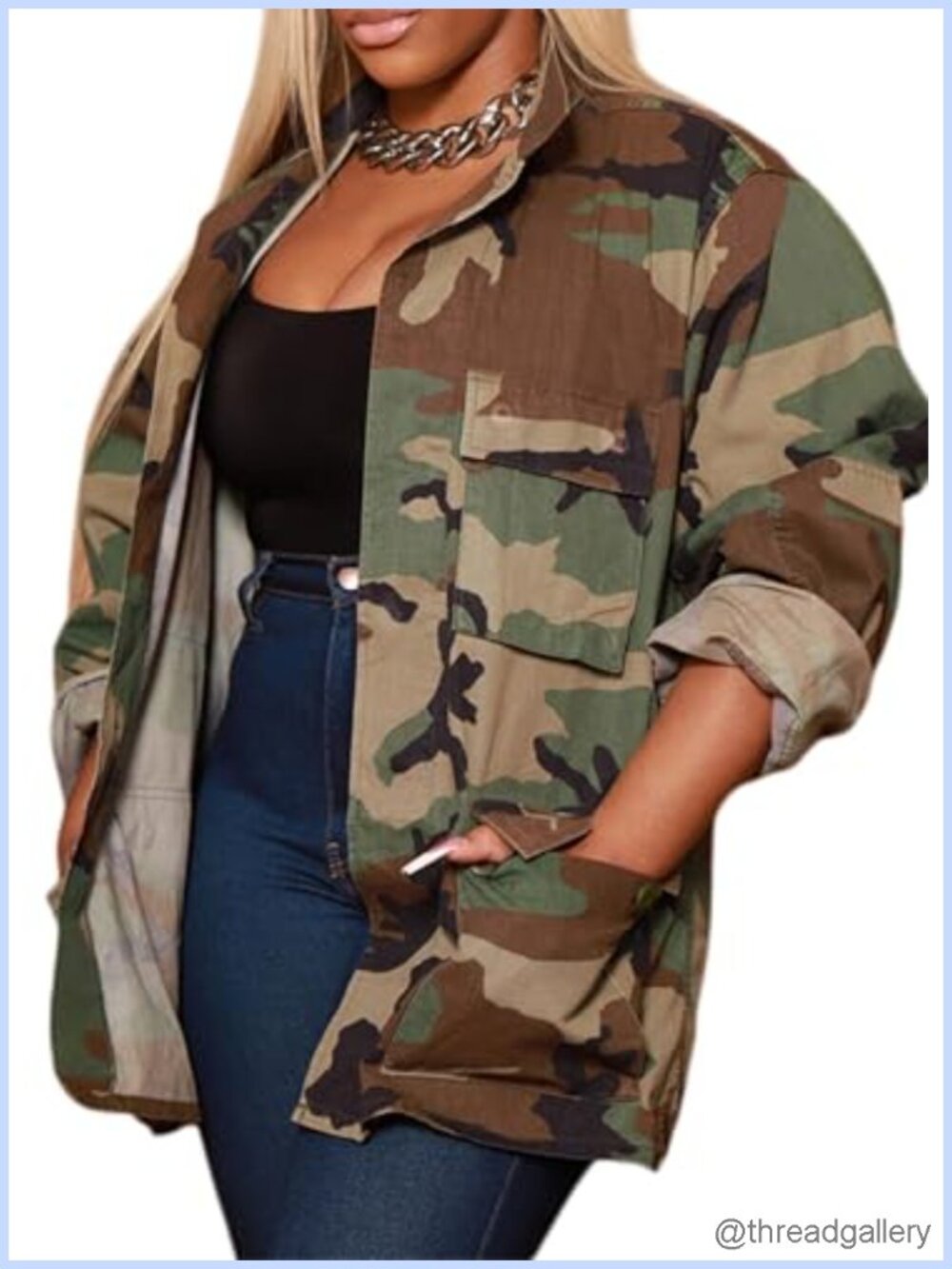 Camo Denim Jacket Women Long Sleeve Button Down Army Fatigue Coat with Pockets